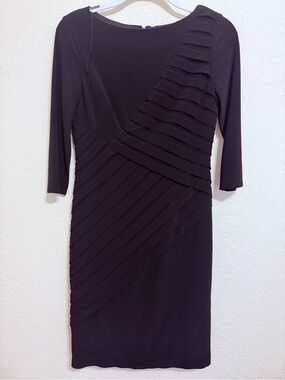 Adrianna Papell Black Midi Dress with Diagonal Pleated Overlay